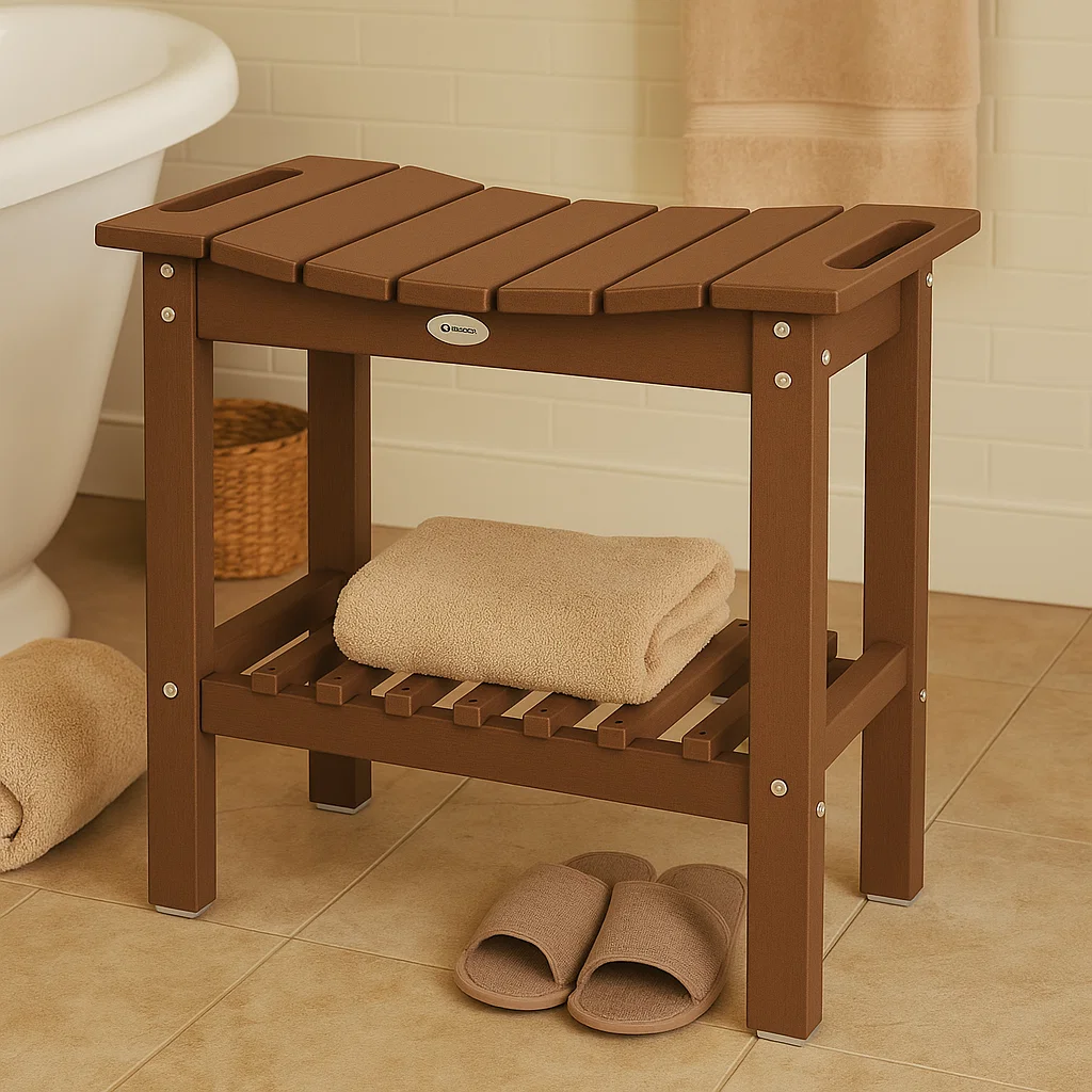 Teak shower bench with folded towels and slippers beside a bathtub in a tiled bathroom.