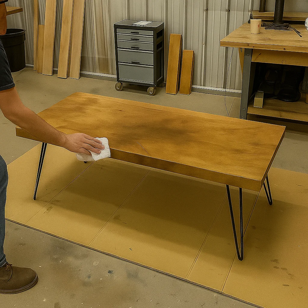 Wiping down a wood coffee table to remove dust and grime before refinishing in a workshop.

