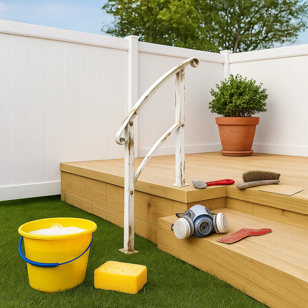 metal stair railing with cleaning material to remove dirt and dust.