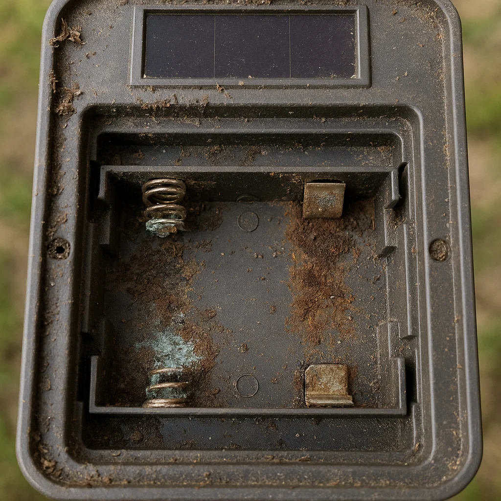 Corroded battery compartment being cleaned with a cotton swab and vinegar solution.