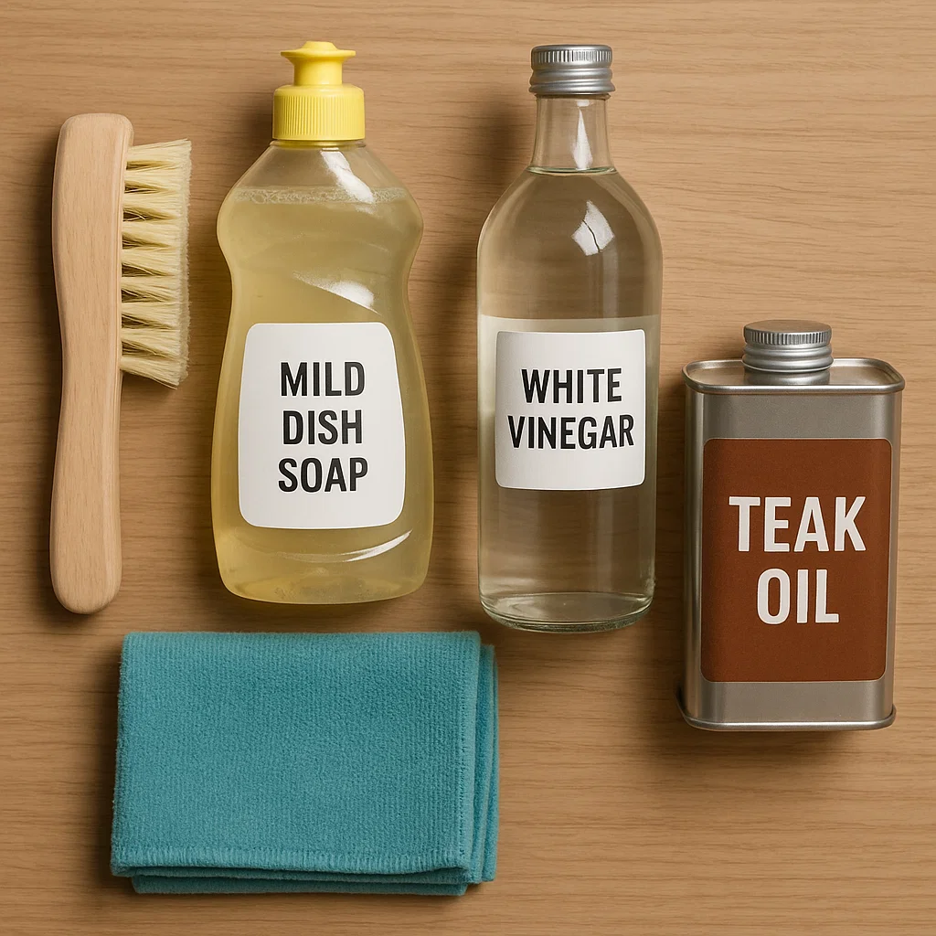 Brush, mild dish soap, white vinegar, teak oil, and blue cloth arranged on a wooden surface.

