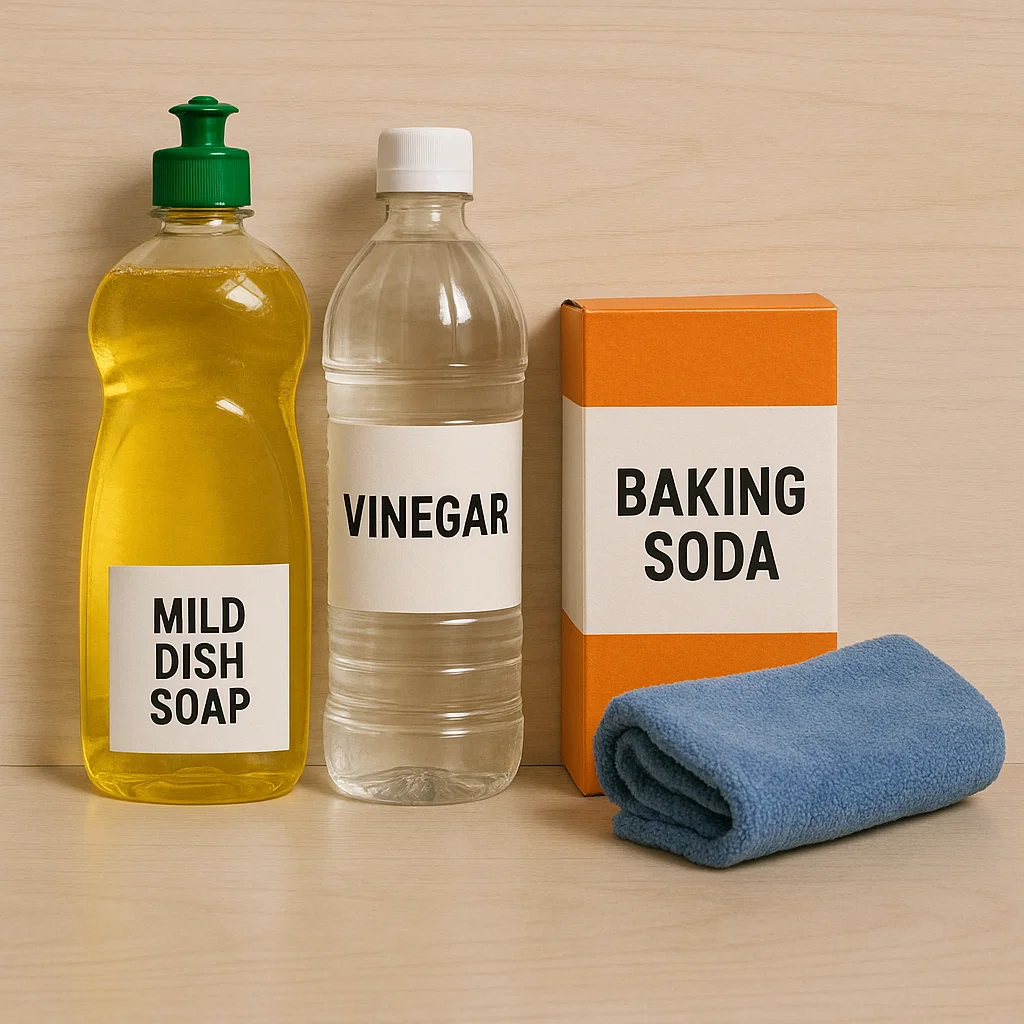 Mild dish soap, vinegar, baking soda, and a blue cloth arranged on a wooden surface.