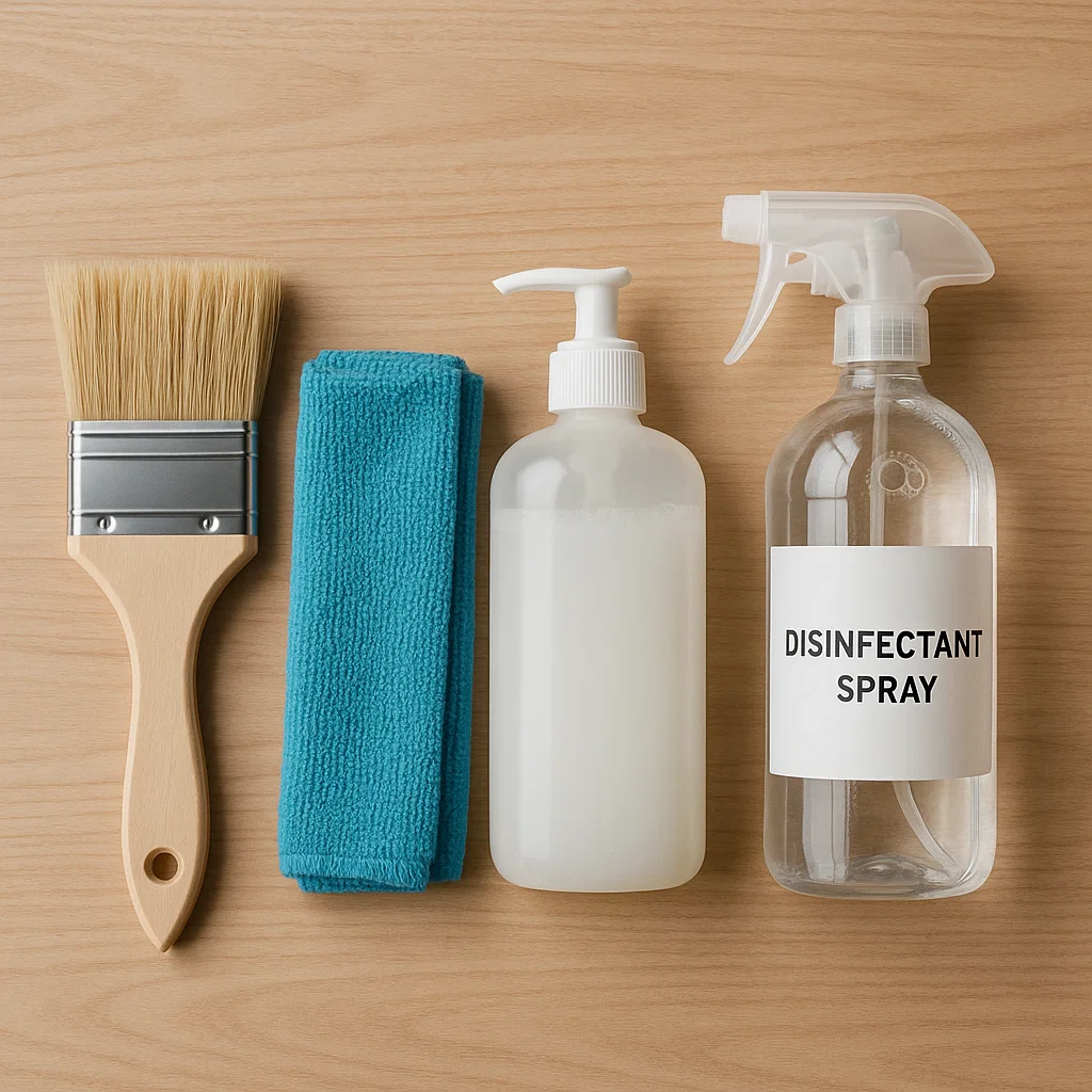 Brush, towel, pump bottle, and disinfectant spray arranged on wooden surface