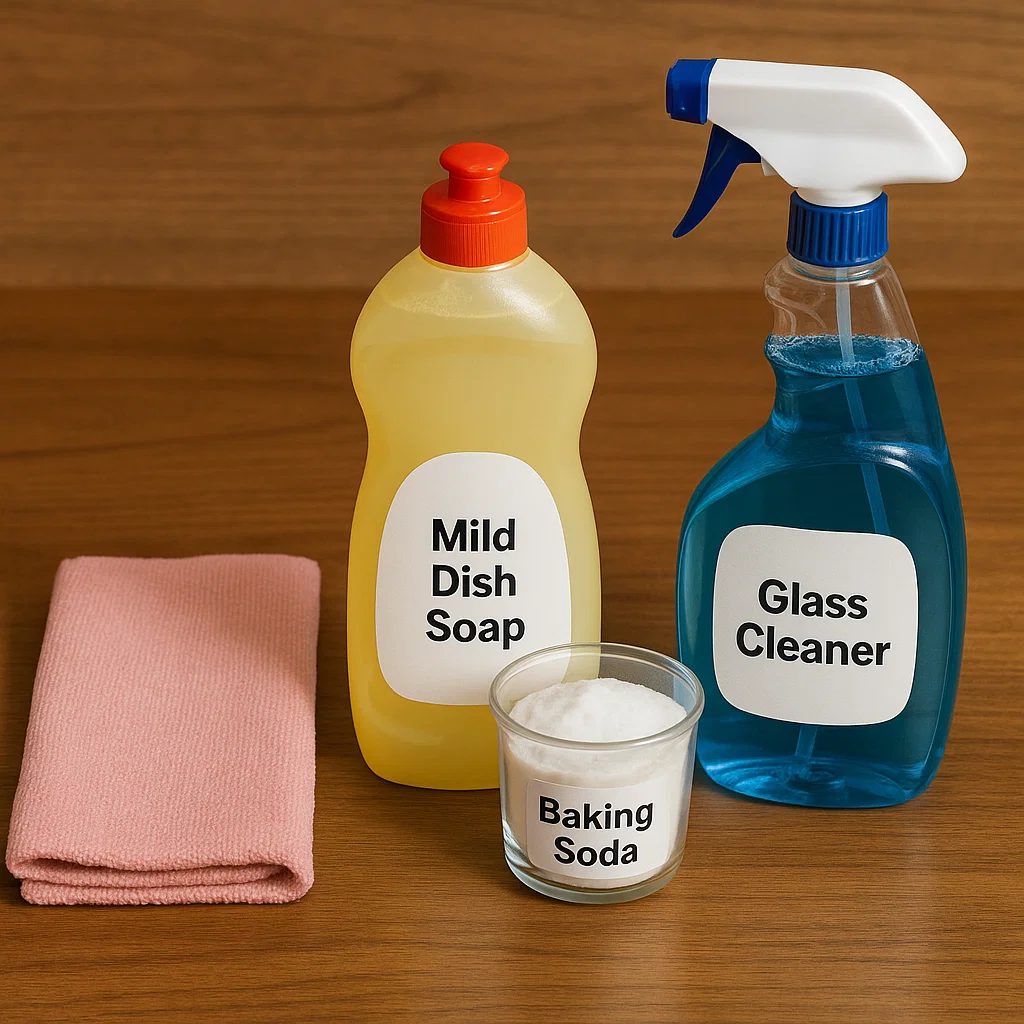 Pink cleaning cloth, mild dish soap, baking soda, and glass cleaner arranged on wooden table surface.