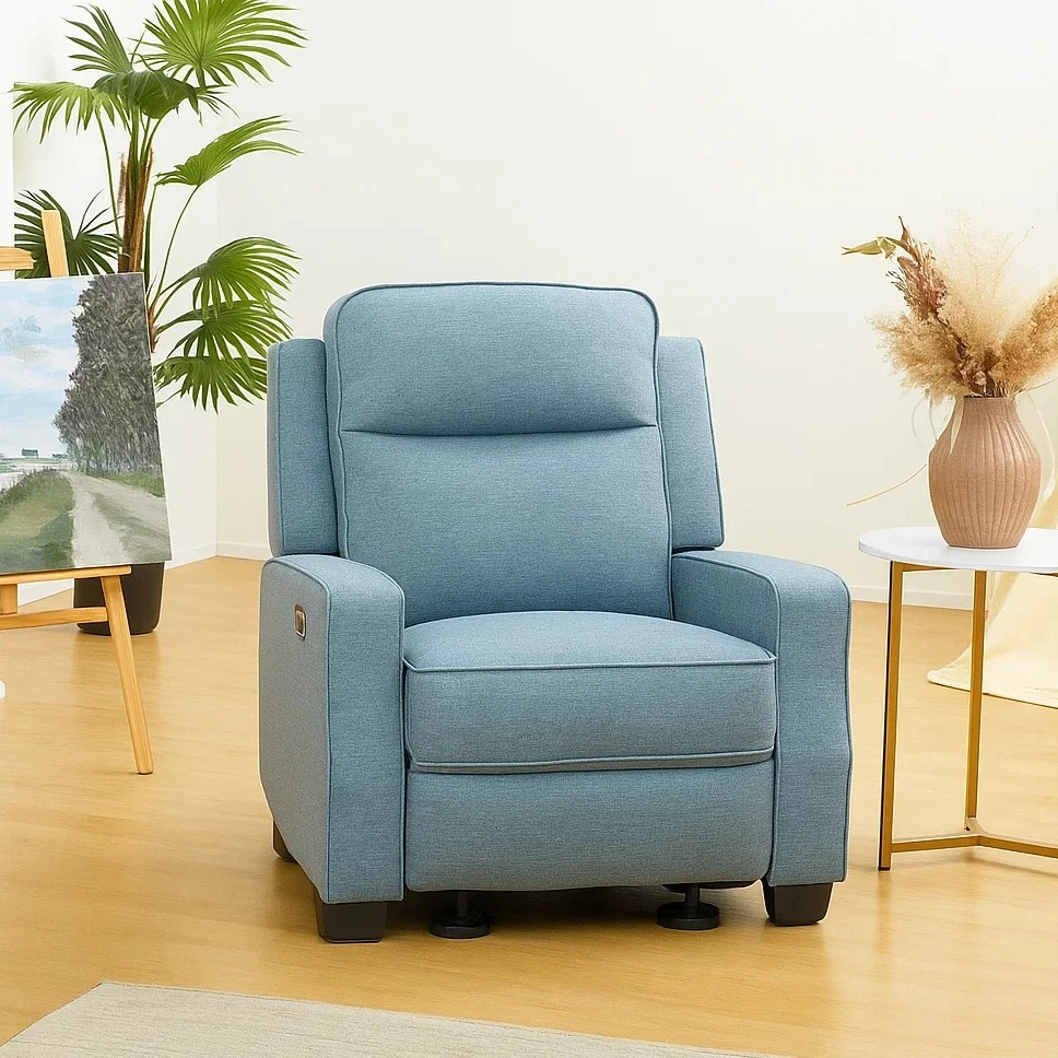 Light blue recliner with black slip-resistant clip-on feet shown in close-up for anti-slide support.
