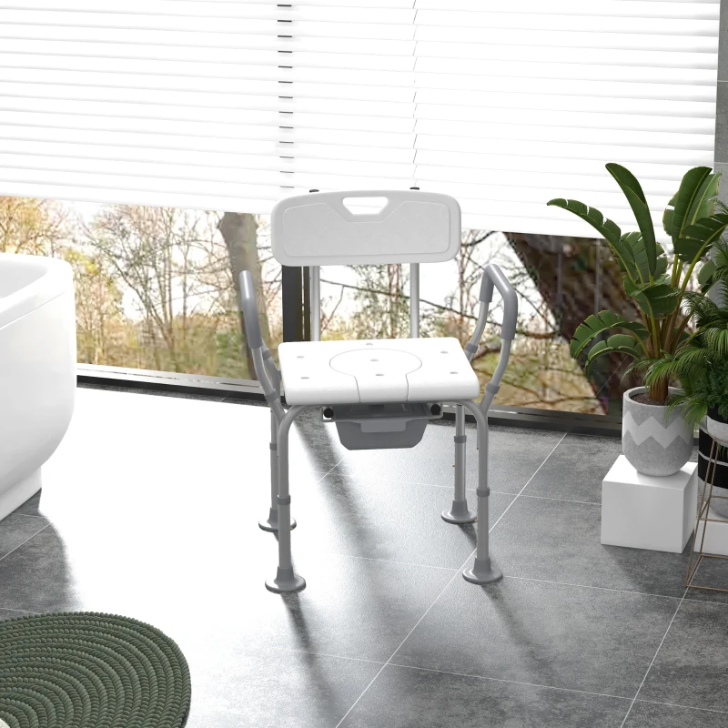Shower chair with backrest and armrests for added comfort and support during showers.
