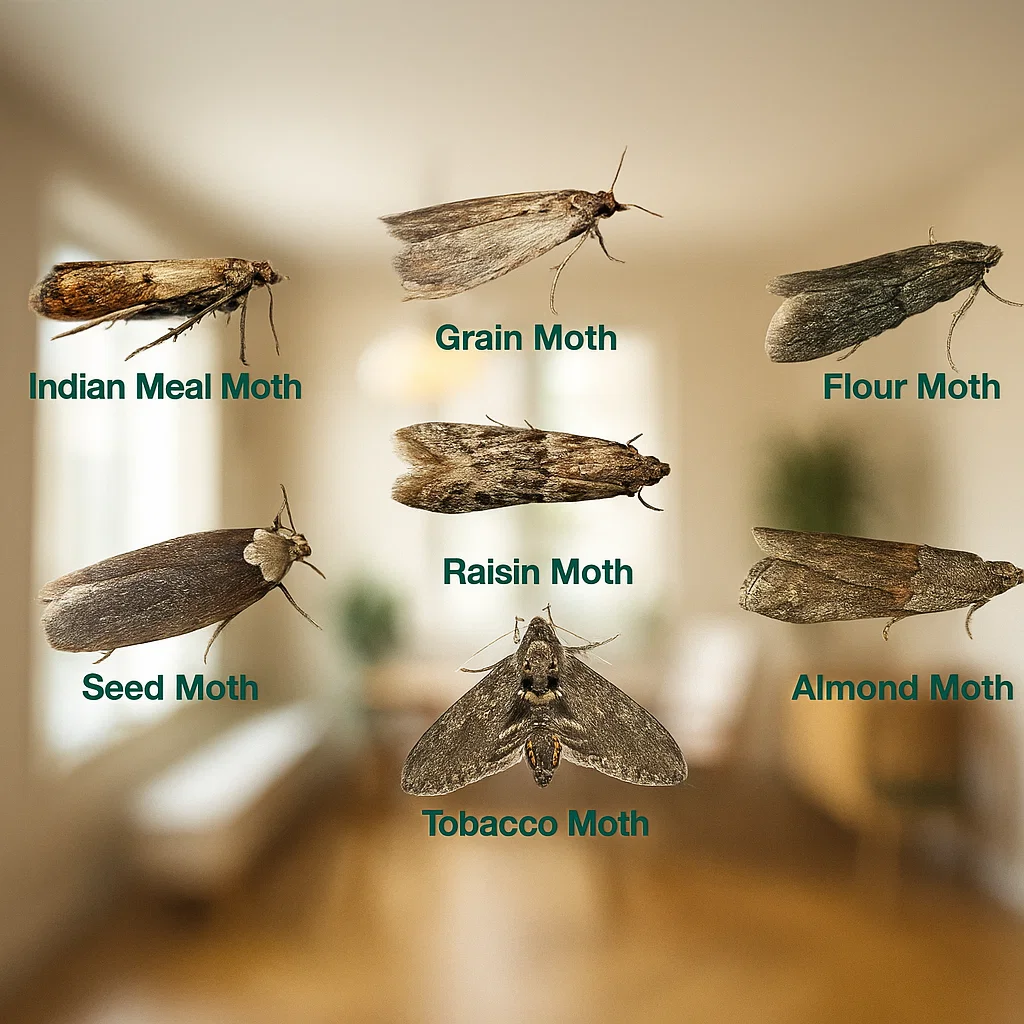 Close-up of common pantry pests including beetles, moths, and weevils on dry food.