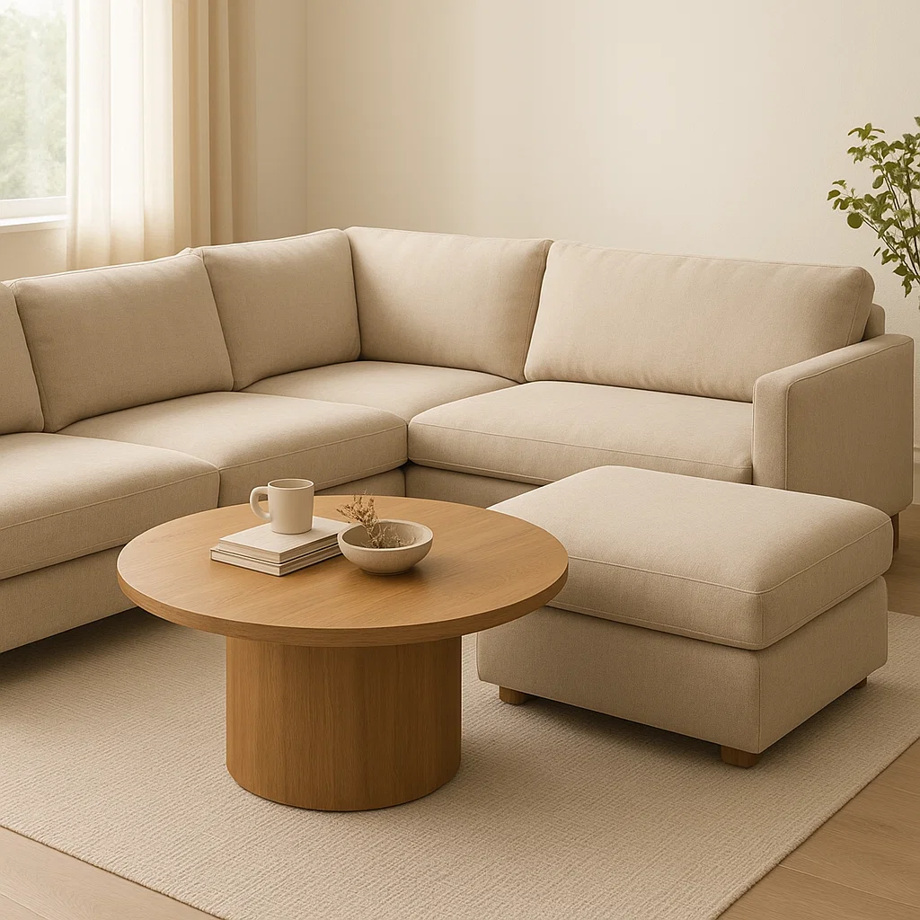 Neutral living room with beige sectional sofa and round coffee table.
