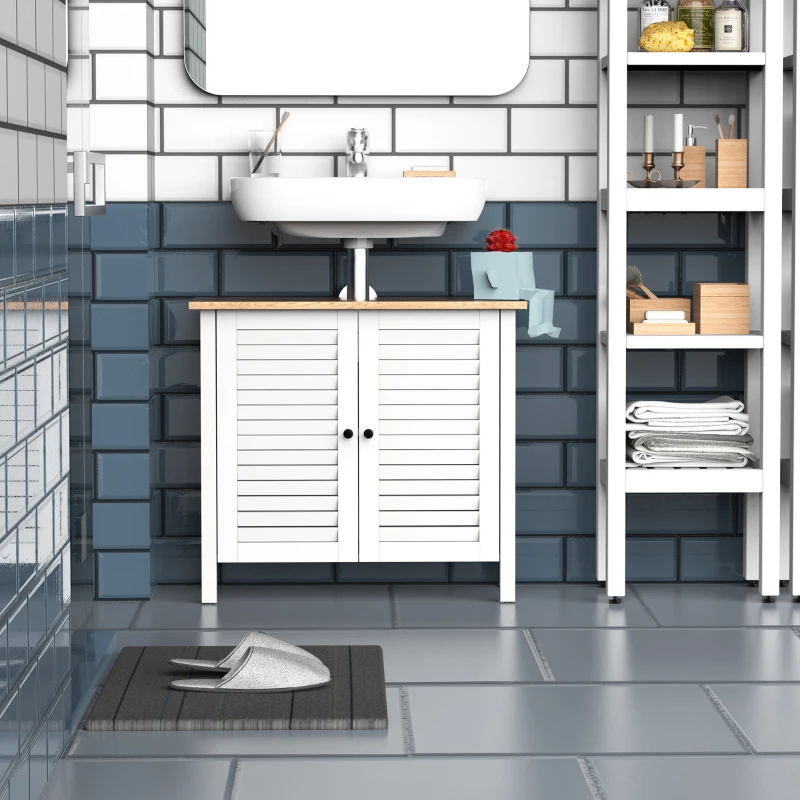 Clean bathroom with stylish vanity and sink, showing practical use of space and affordability.
