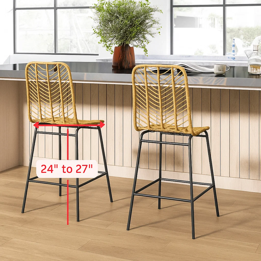 Rattan counter stools at a kitchen counter with 24"–27" seat height measurement shown.