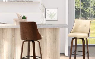 Stylish modern bar stools in wood and leather beside a kitchen island with window view.