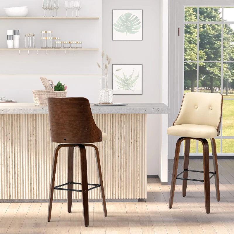 Stylish modern bar stools in wood and leather beside a kitchen island with window view.