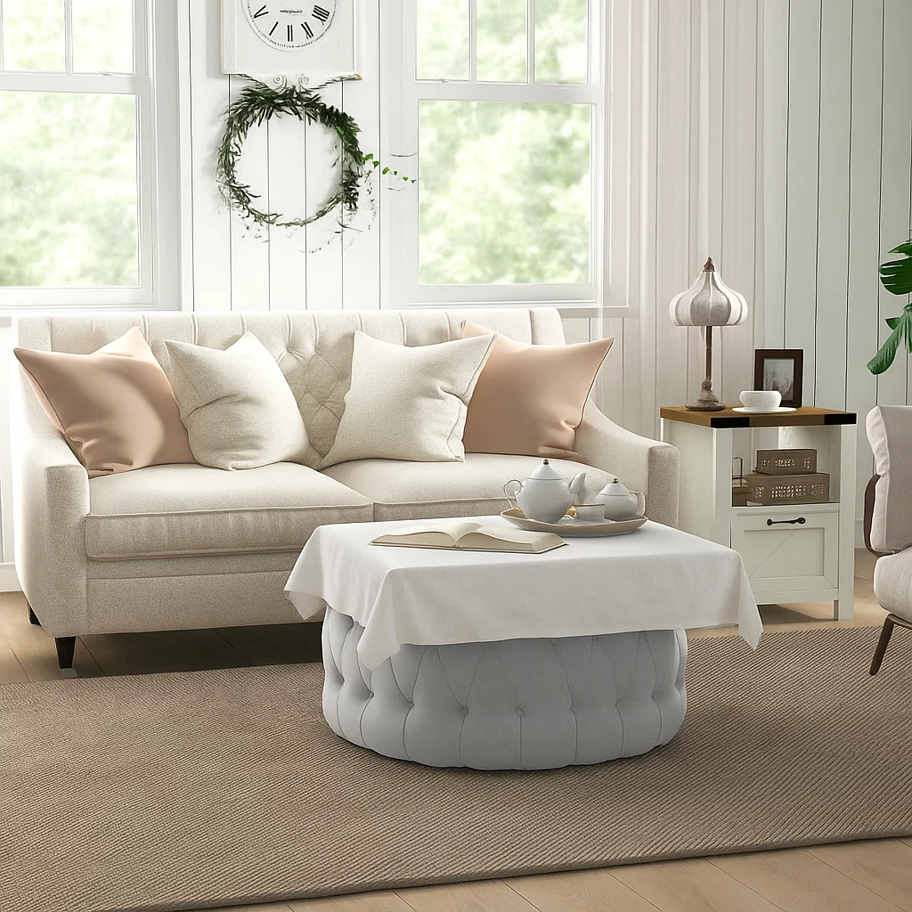 Light grey ottoman covered with a white cloth, styled with a teapot set and open book for function.
