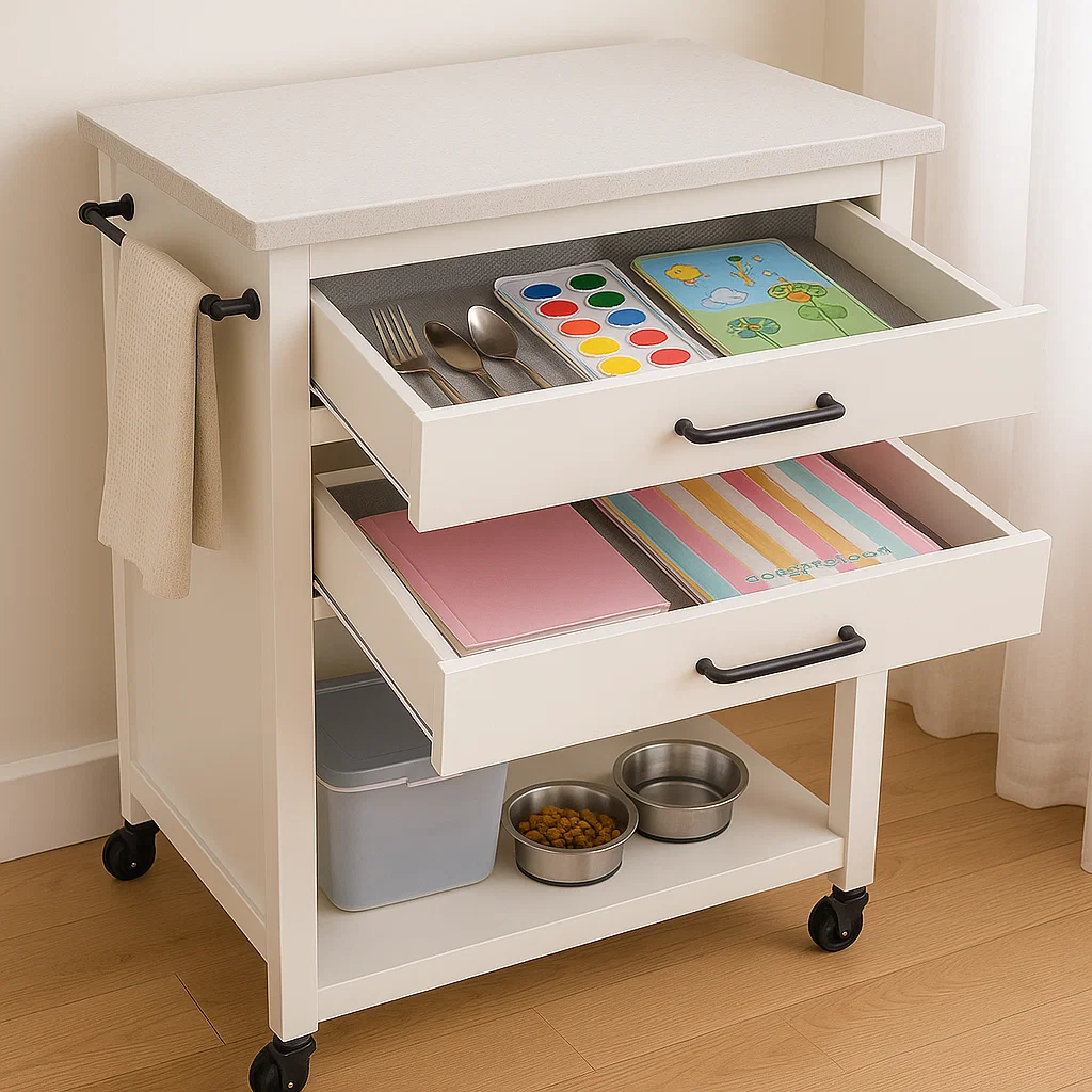 Organized kitchen storage areas for kids and pets.