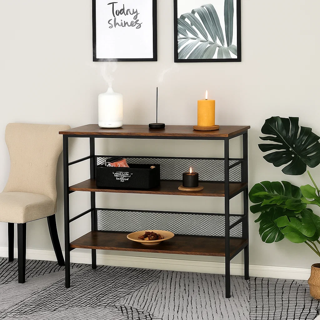 Console table with candle, diffuser, incense and soft lighting for a cozy scent and sound station.
