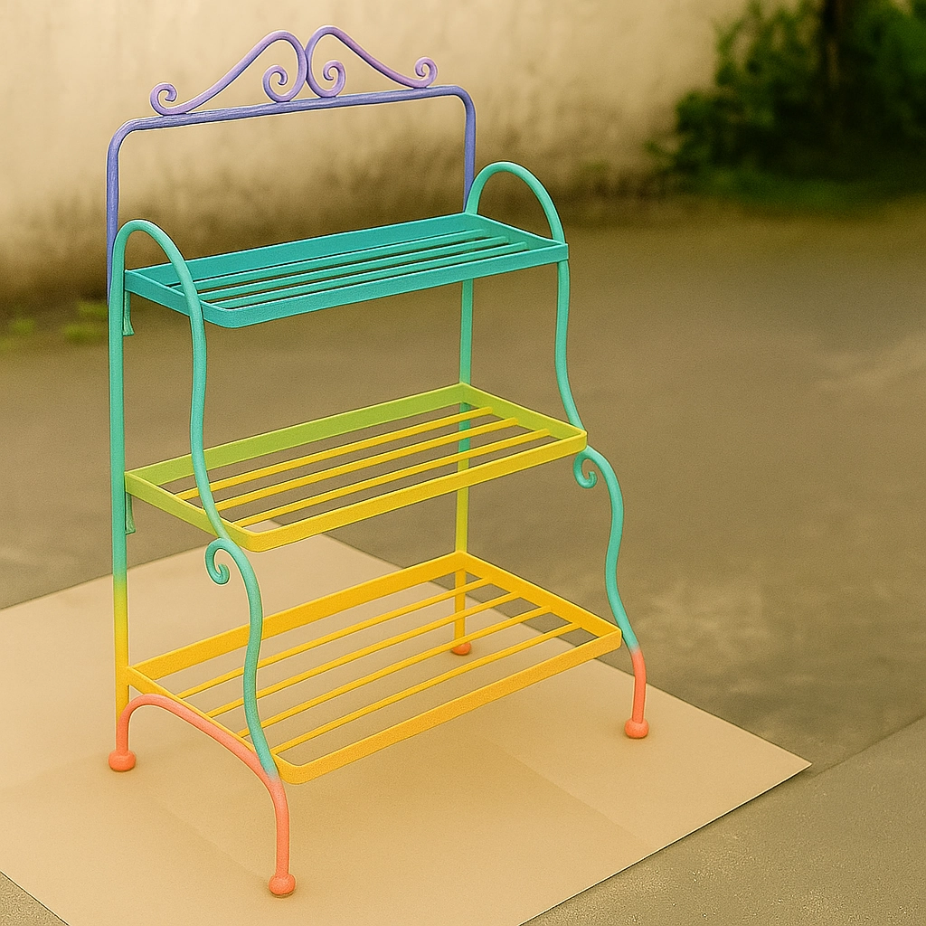 Colorful three-tier metal shelf with decorative swirls, ideal for outdoor or garden use