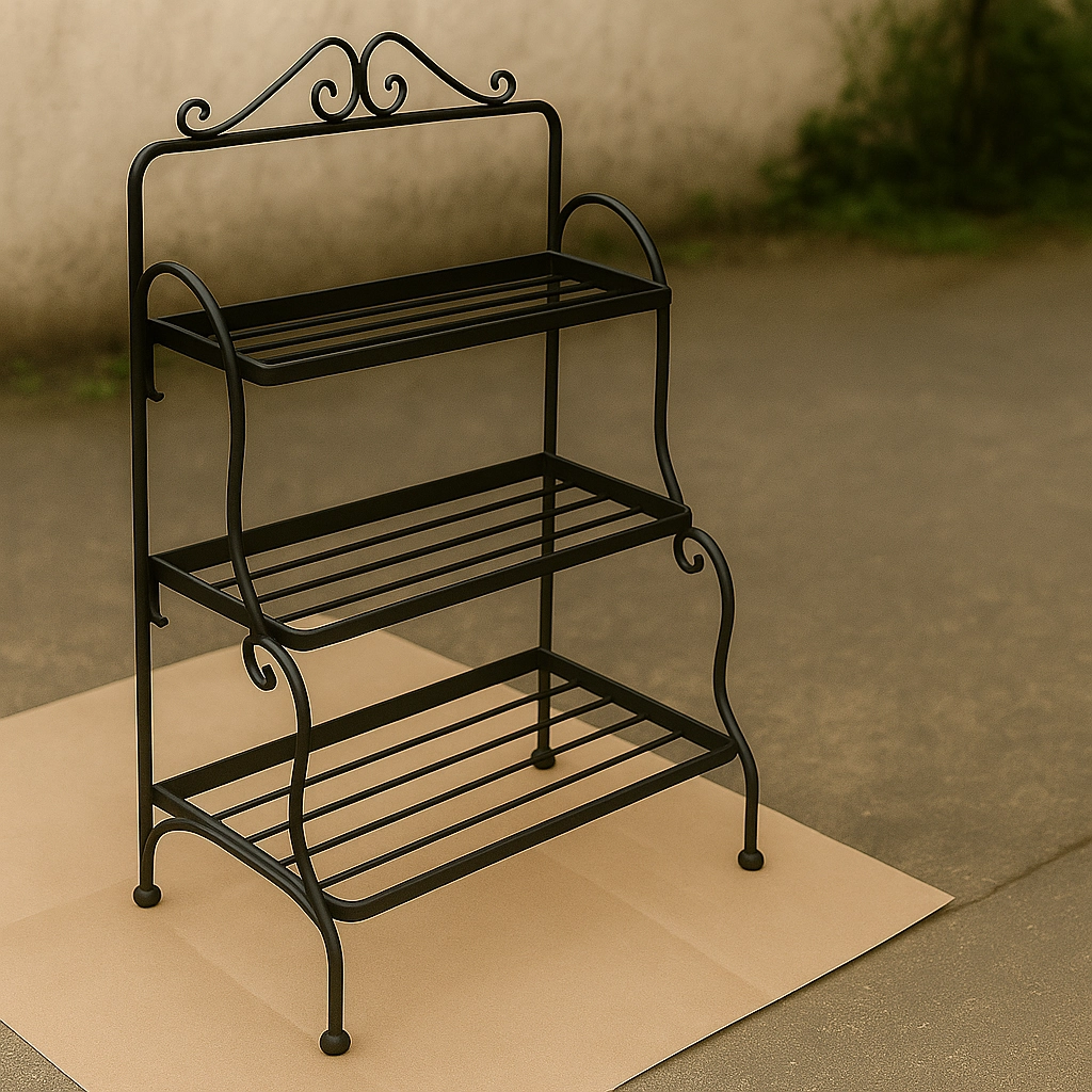 Freshly painted yellow metal plant stand left to cure outdoors after a DIY paint project.