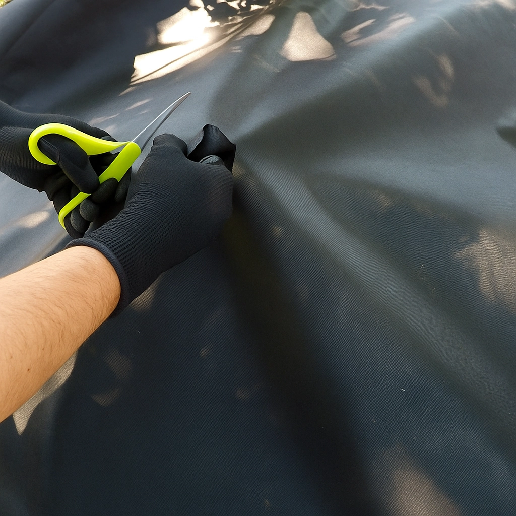 Cutting X-shaped holes into landscape fabric to make space for planting.