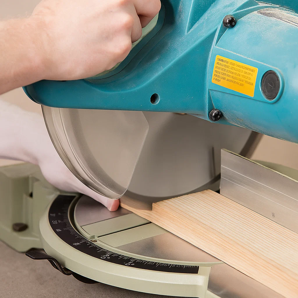 Close-up of a miter saw cutting pine lumber at an angle for precise joints in a DIY kitchen cart project.