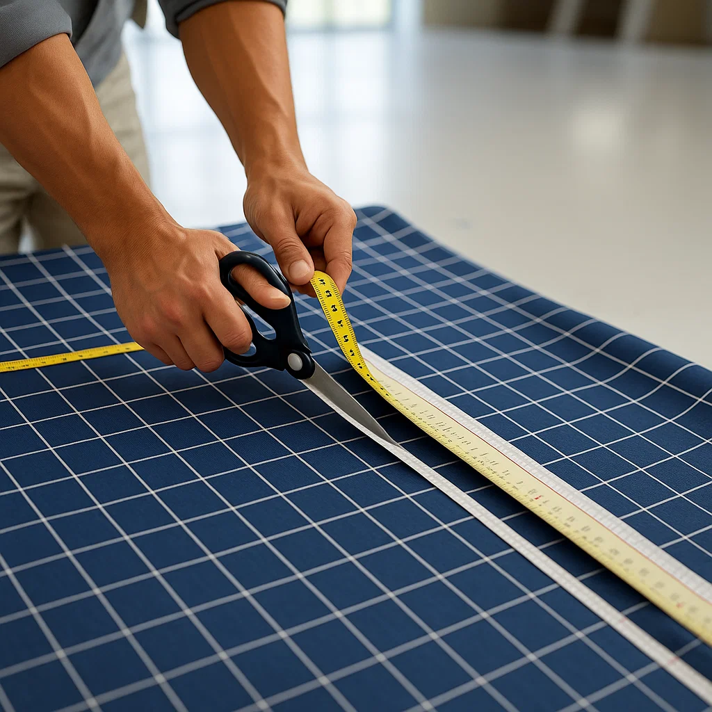 Person measuring and cutting blue checkered fabric for reupholstering outdoor furniture with scissors.
