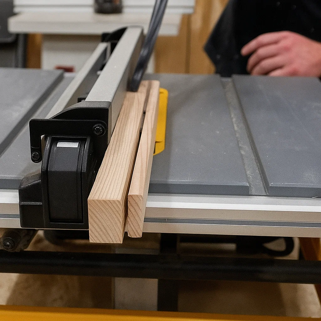 Wooden boards being cut on a table saw for furniture leg construction in a workshop.