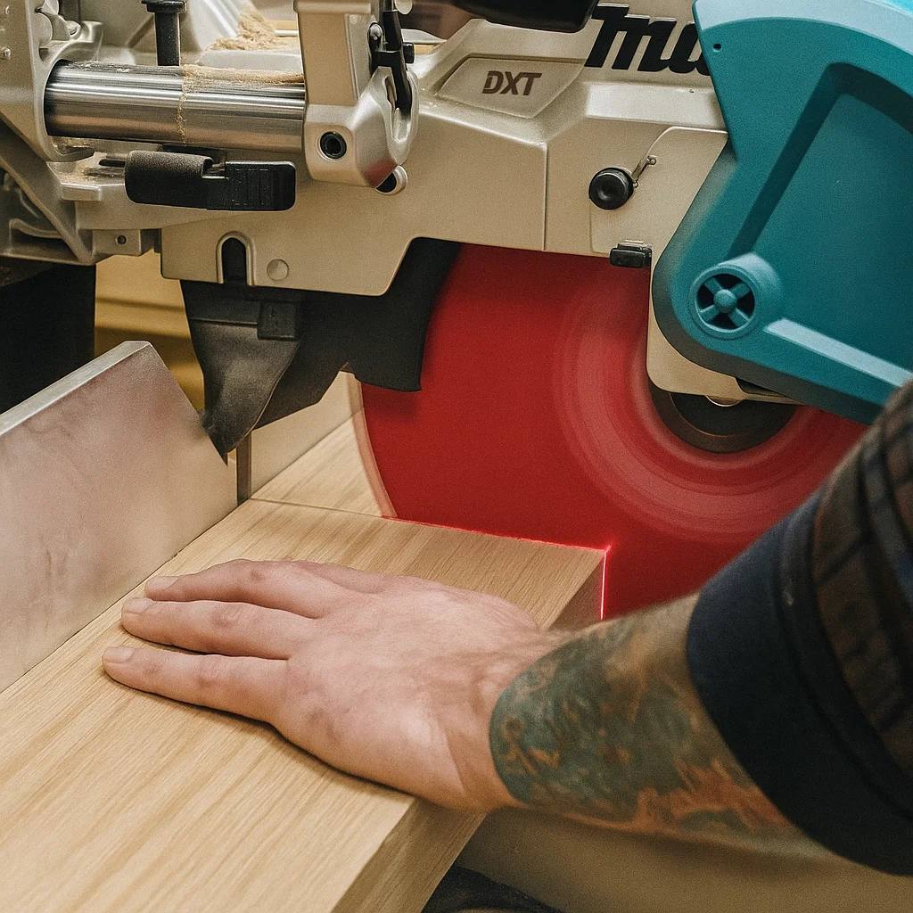 Close-up of a miter saw cutting a piece of wood for precise woodworking projects.