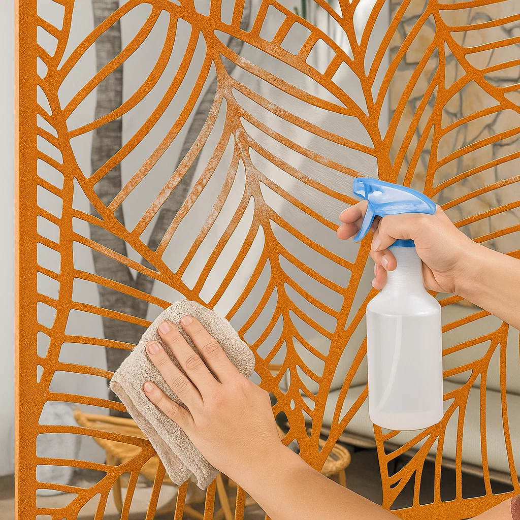 Hand dampening microfiber cloth with spray bottle for cleaning privacy screen.