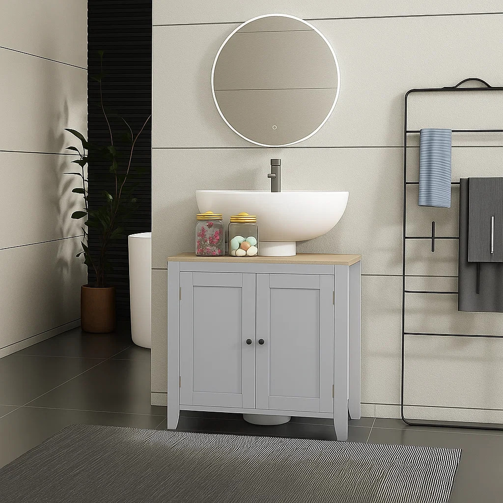 Light gray bathroom vanity with glass jars and a round mirror for elegant, organized storage.