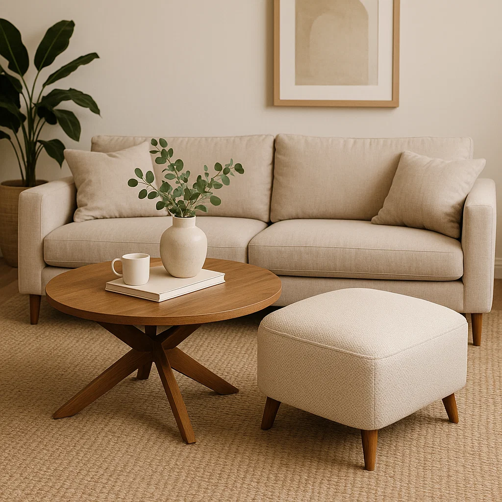 Light-colored sofa with circular coffee table and vase of greenery.
