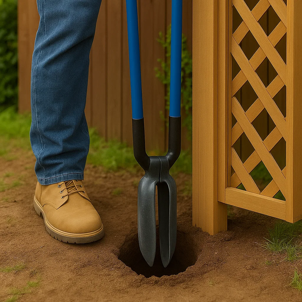 Person digging a post hole beside a lattice wooden fence using manual post hole digger.