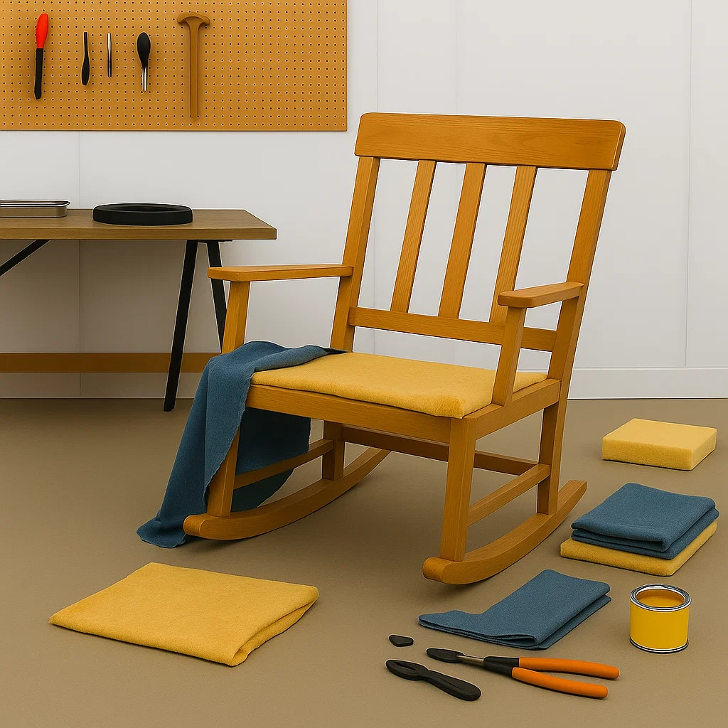 Blue upholstered rocker partially disassembled with exposed padding and tools in a home workshop