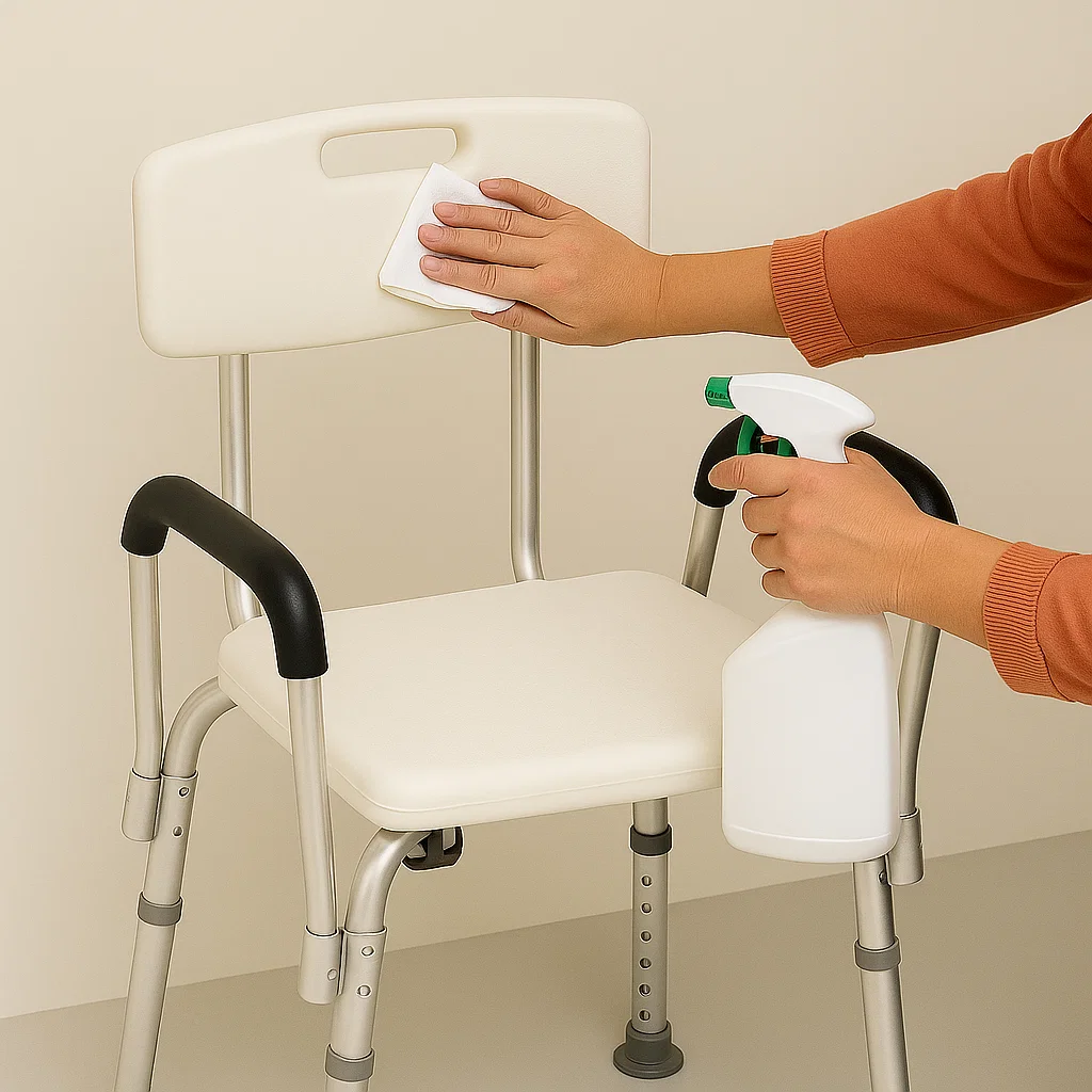 Hand spraying disinfectant on white shower chair with backrest and wiping with cloth