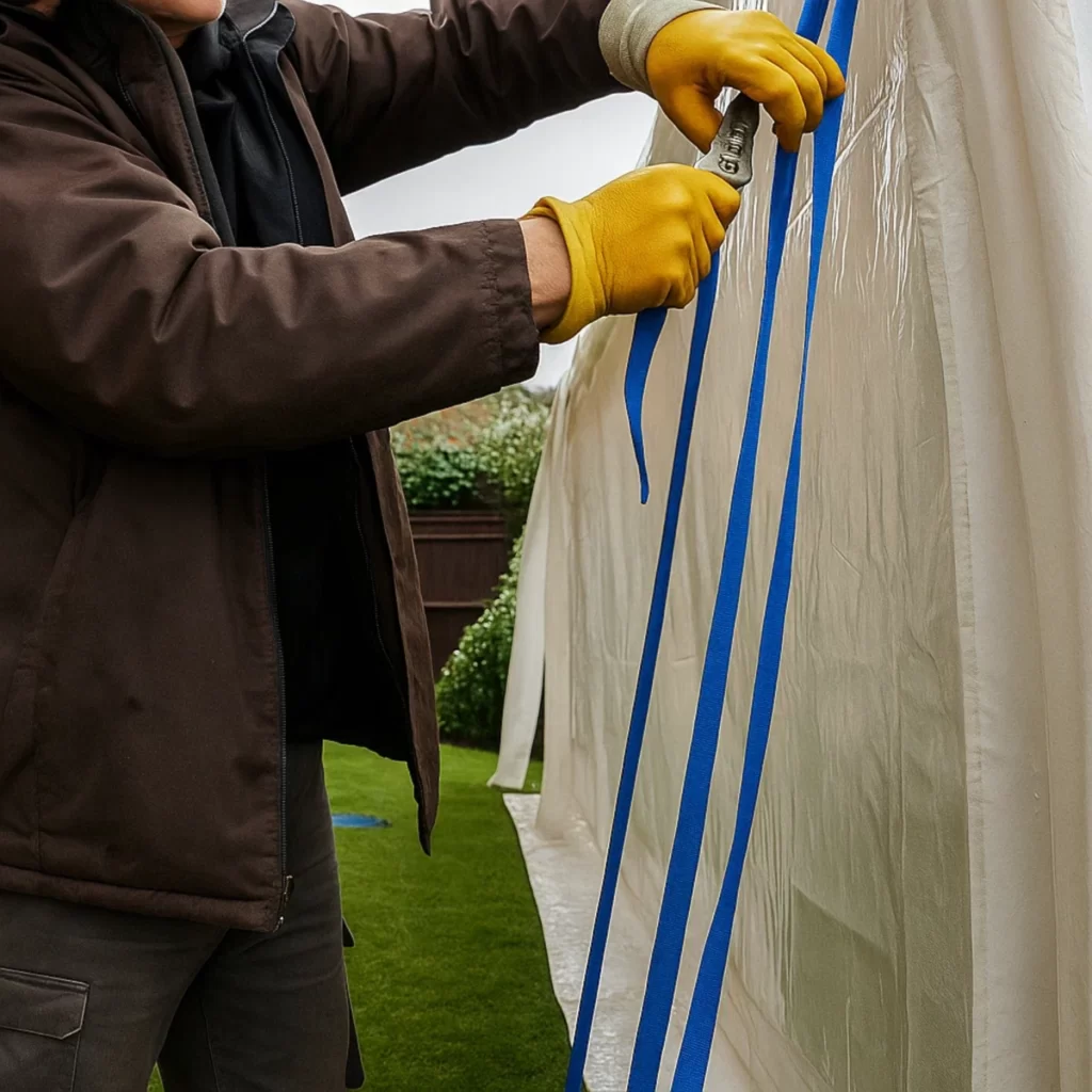 Person disassembling outdoor tent by loosening blue straps on waterproof fabric wall.