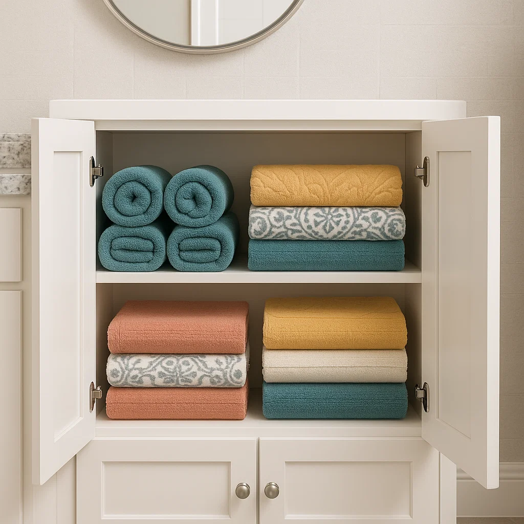 Neatly folded and rolled colorful towels organized inside a white bathroom cabinet with open doors.