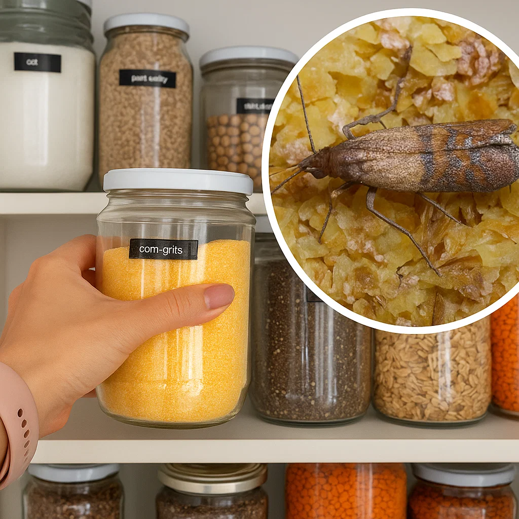 Person throwing away contaminated dry food from pantry into a kitchen trash bin.