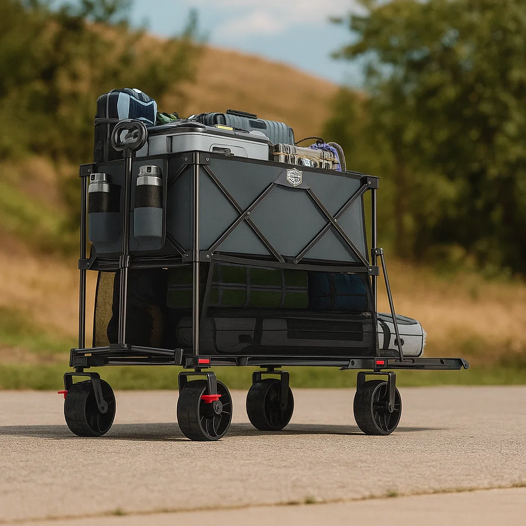 Dual-layer folding wagon with mesh basket and canopy, ideal for hauling gear and groceries.