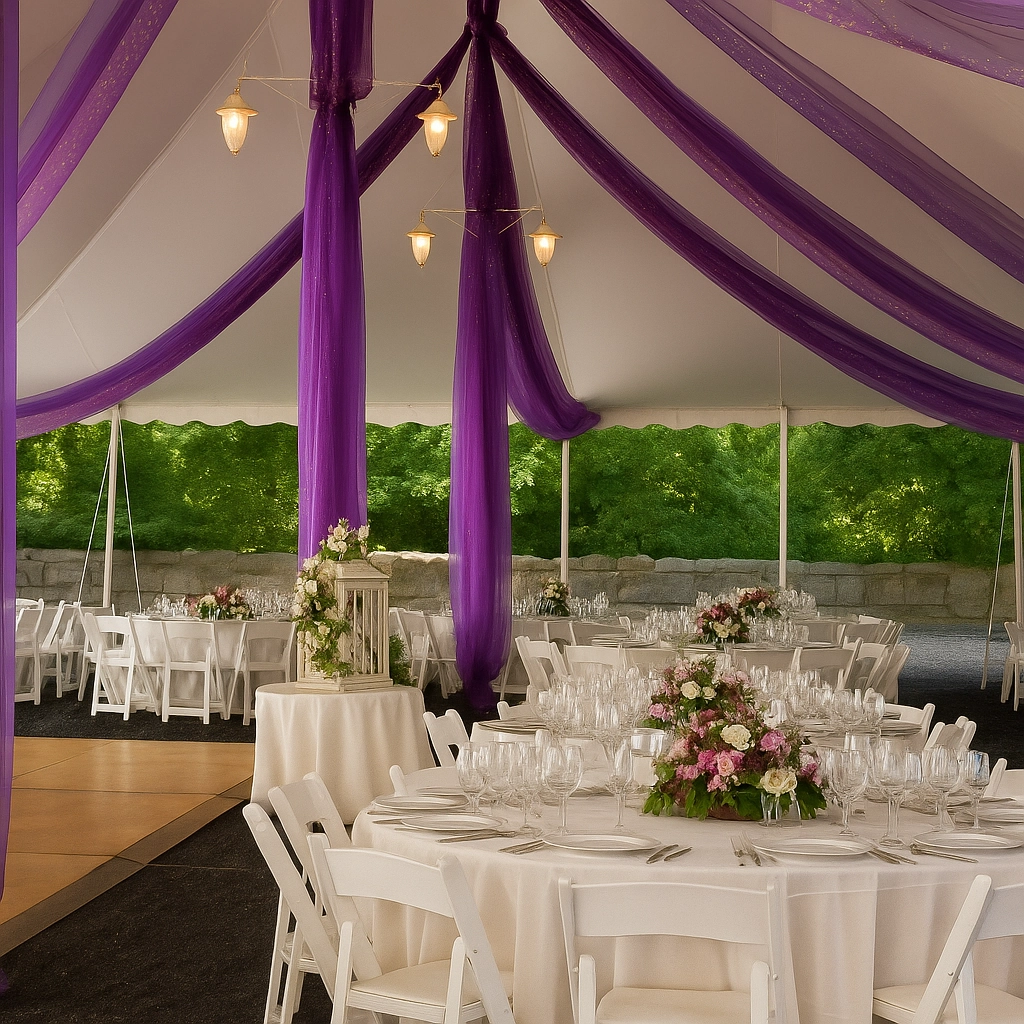 Elegant purple draping fabric and white table setup under a tent for formal garden weddings.