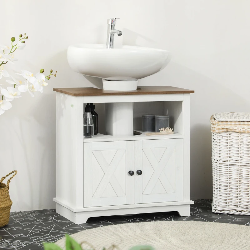 White vanity with brown countertop and vessel sink beside a wicker laundry basket and orchid.