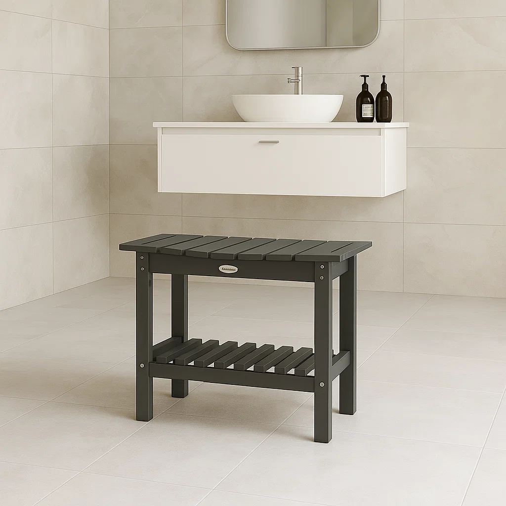 Shower bench made of wood, plastic, or aluminum, may require maintenance for water damage.
