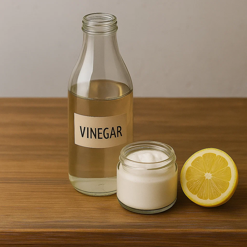Natural cleaning supplies like vinegar, baking soda, and lemon arranged on a wooden table.