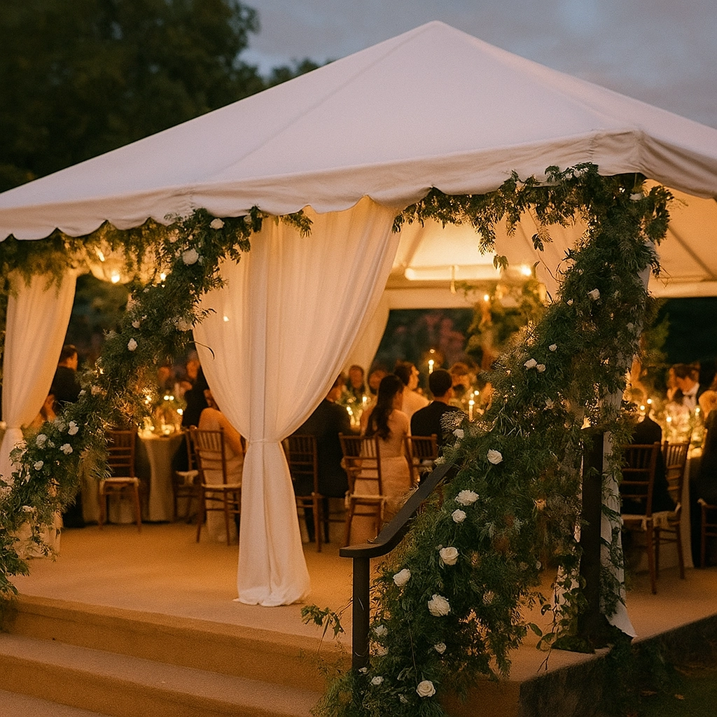 Romantic evening event with candle-lit tables and floral arch entrance under a white canopy.