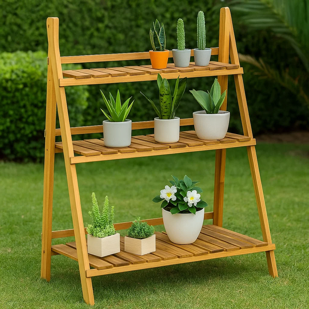 Three-tier wooden plant stand with succulents and tropical plants in neutral pots on grass lawn.