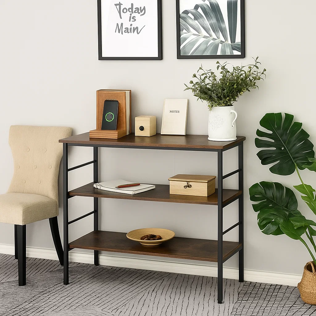 Entry console table styled with notes, phone dock, books, and soft greenery for daily use.
