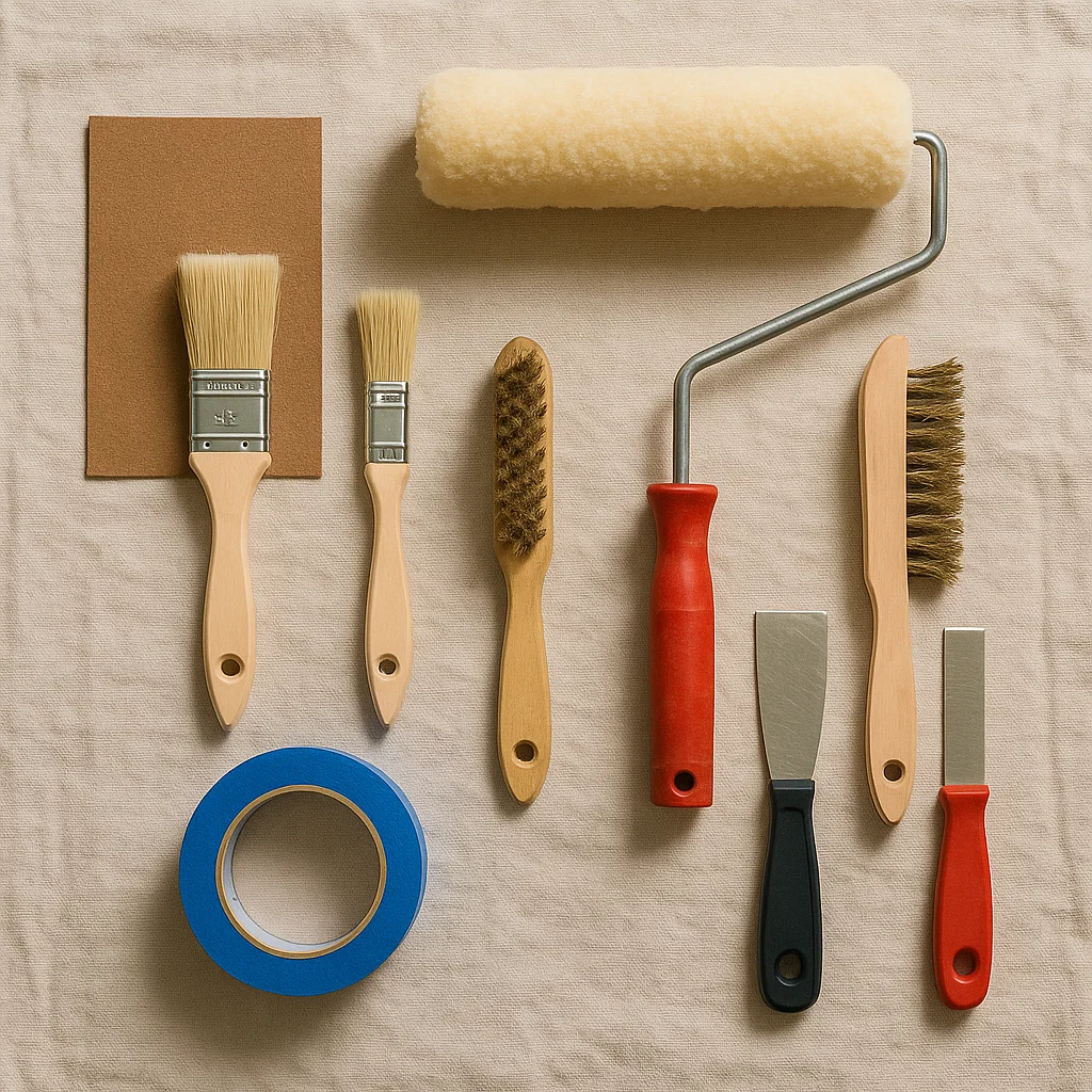  Collection of painting tools including brushes, primer, sandpaper, and drop cloth on a workbench.
