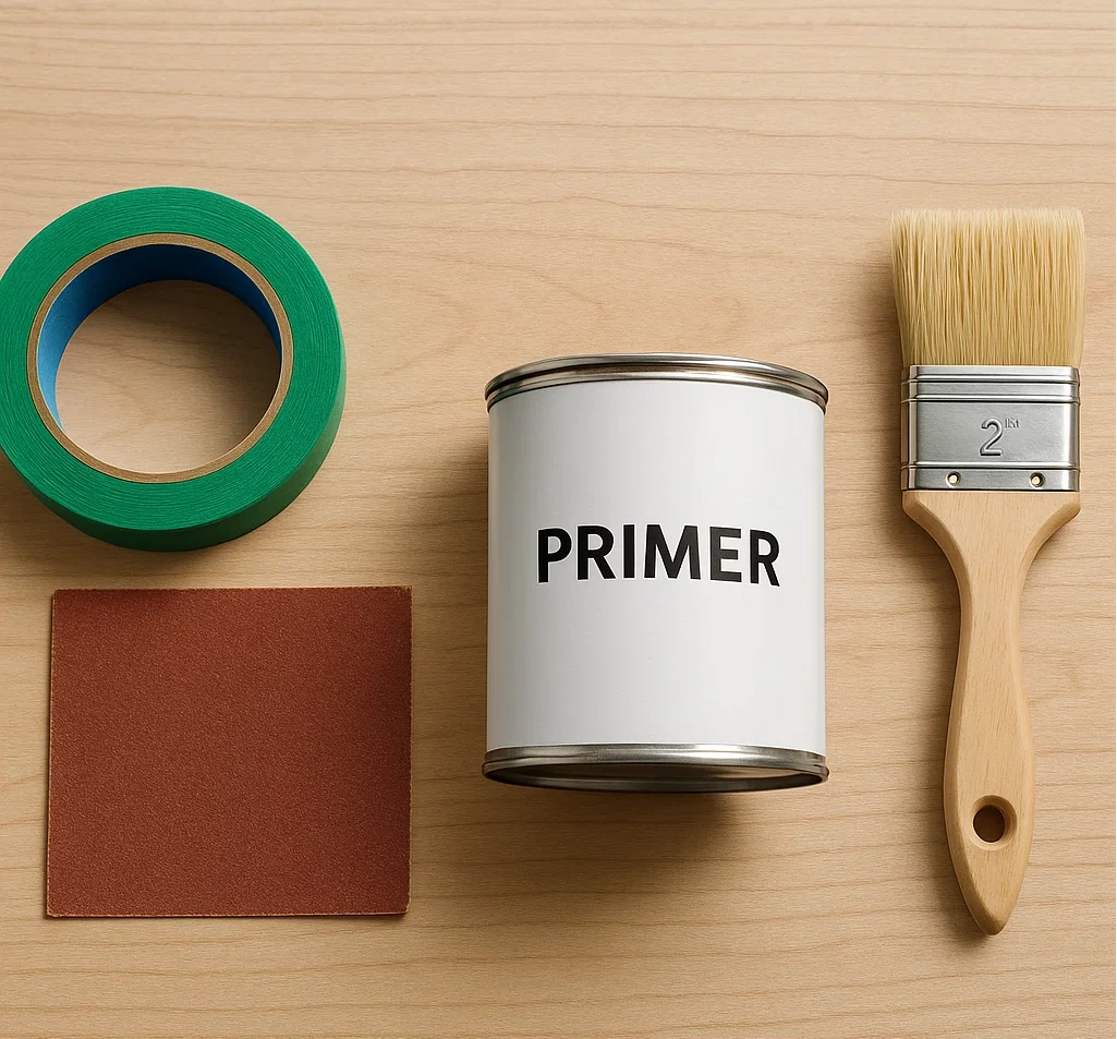 Painting tools including a can of primer, paintbrush, sanding block, and green painter’s tape on wood surface.