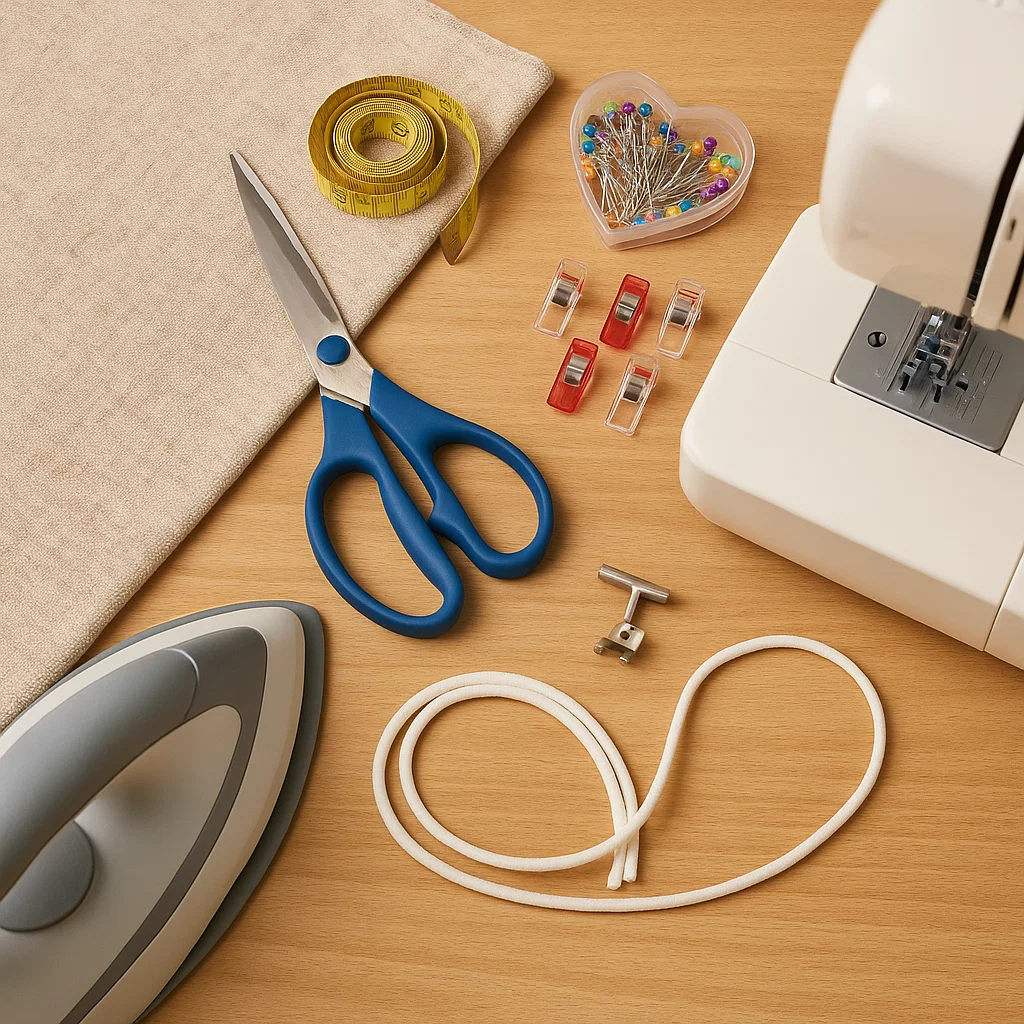 DIY slipcover tools: sewing machine, scissors, pins, iron, fabric, tape measure, and piping cord on table.