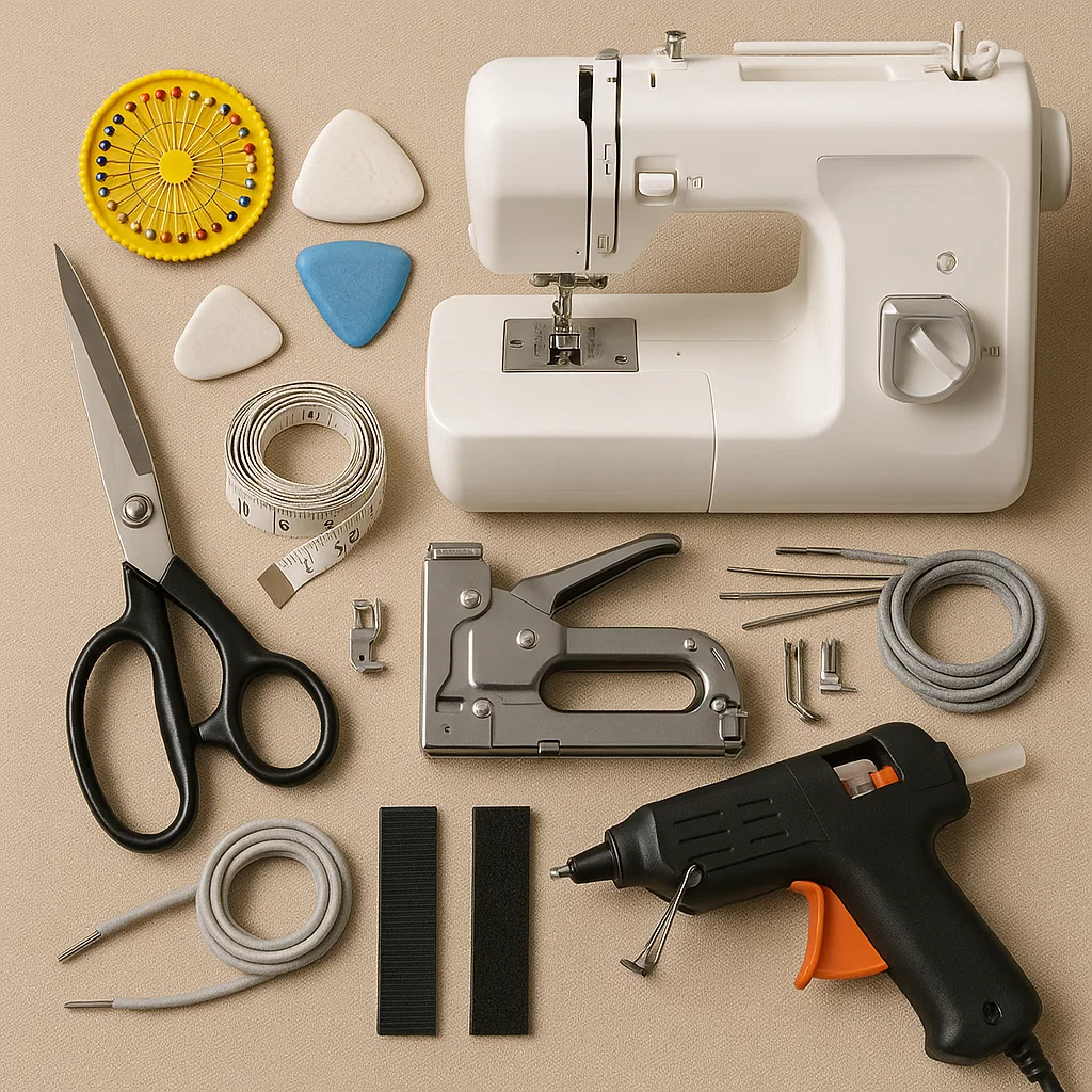 Tools including sewing machine, staple gun, scissors, chalk, and glue gun for upholstery.