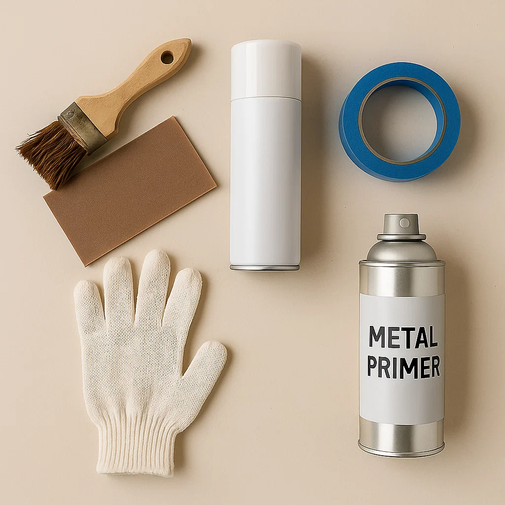 Painting tools for metal furniture makeover including primer, gloves, tape, brush, and sandpaper.