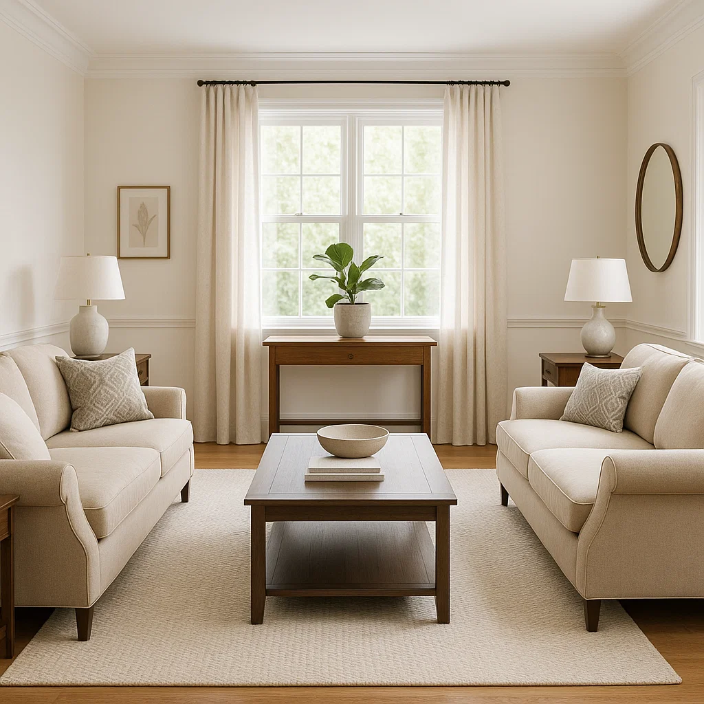 Two sofas face each other in a bright, neutral-toned living room with a large window.