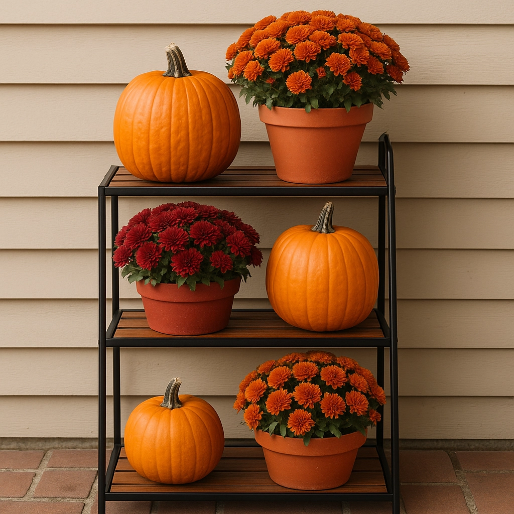 Black metal plant stand decorated with pumpkins and red and orange mums for autumn-themed display.